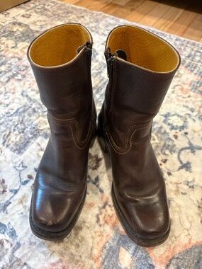 Frye Campus Shortie Dark Chestnut Brown Leather Mid-Calf Heeled Boots